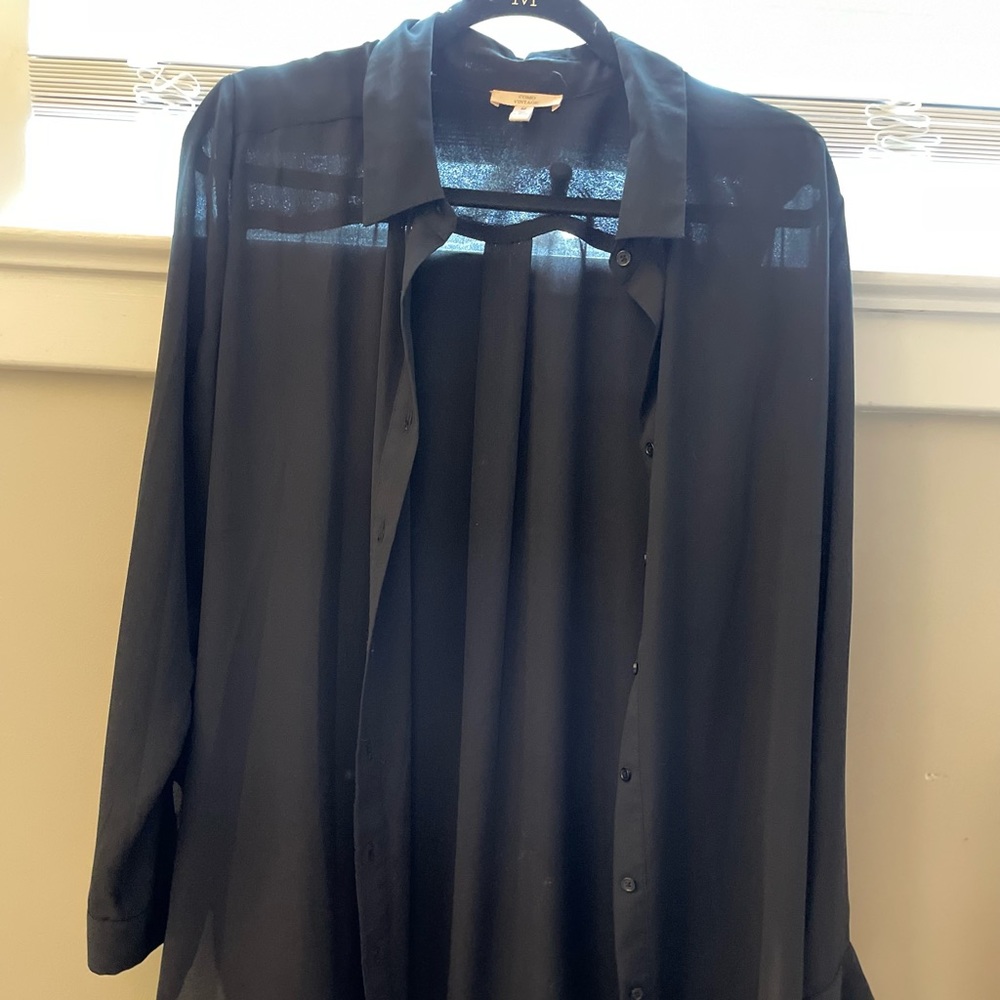 Sheer black button down long blouse